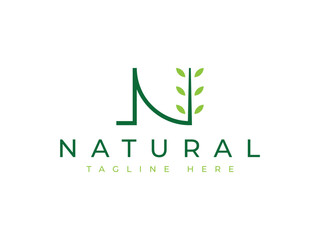letter N leaf natural green logo design