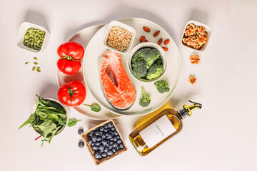 Different whole unprocessed products related to anti-inflammatory diet, variety of fresh healthy...