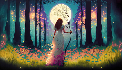 mujer chamana bruja blanca sabia en el bosque a la noche - obrazy, fototapety, plakaty