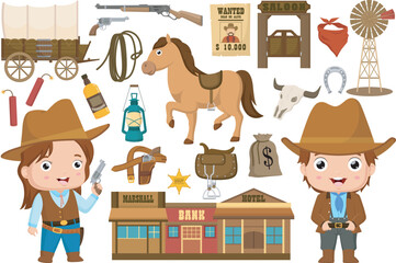 Set of wild west elements on a white background