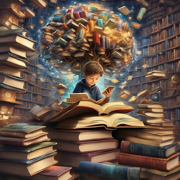 Embrace a captivating world where knowledge is the ultimate gift. Explore a magical pile of books and technology, unveiling boundless realms of wisdom. Let the curious mind flourish.