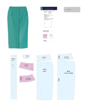 Sewing pattern of stylish pencil style skirt in small-medium sizes. Features a slim-fitting, knee-length, no waistband, yoke and front flaps as pockets imitations. Front placket and button closure.