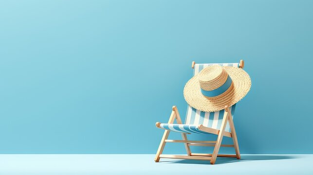 Empthy chair and Beach hat on blue background summer theme