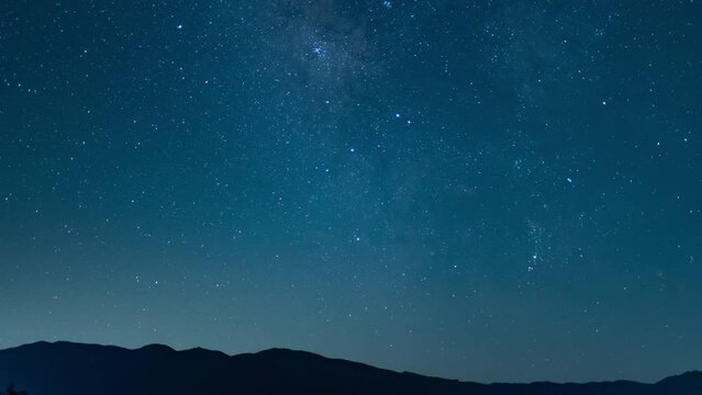 Astrophotography Milky Way Galaxy 50mm South Sky Zoom In Over Sierra Nevada Mts California USA Time Lapse Blue