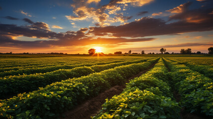 Vibrant crop fields under dramatic sunset sky in serene rural landscape