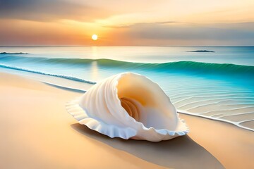 Fototapeta na wymiar big seashell on sandy tropical beach, sea or ocean in the background, beautiful sea landscape, tropical paradise created with generative ai technology