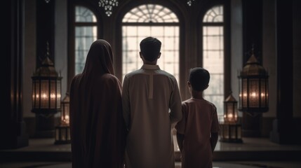 Naklejka premium Muslim family view mosque. muslim family eid greetings back view, Jumma Mubarak