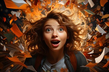 Captivating Back-to-School Delight: Photorealistic Portrait of Surprised Young Woman with Chaotic Paper Flyers