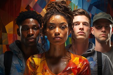 Vibrant Youth Day Art: Diverse Cast Amid Abstract Backdrop - AI-Generated Hyper-Detailed Realism with Double Exposure