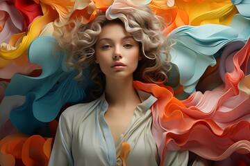 a girl with short hair surrounded by colorful background, cyan and amber, international youth day