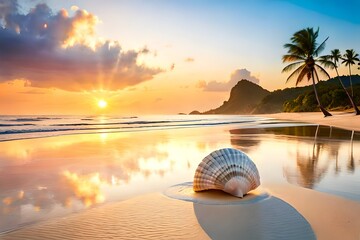 big seashell on sandy tropical beach, sea or ocean in the background, beautiful sea landscape, tropical paradise created with generative ai technology - obrazy, fototapety, plakaty