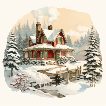 red winter house snow scene clip art preview