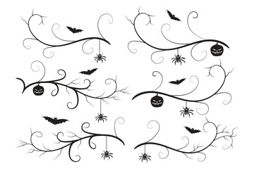 
set of Halloween calligraphy flourish filigree wilds swirls, decorative elements elegant vines spiral corner frame, bat pumpkin heart vine scroll scary spider dry tree style calligraphic ornaments
