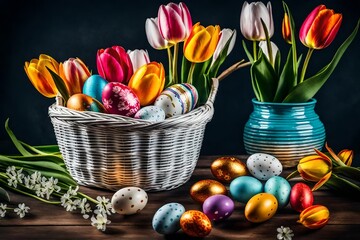 Obraz na płótnie Canvas colorful eggs and tulips in basket generated by AI tool