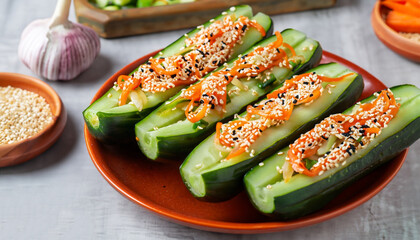 Traditional Korean cucumber kimchi snack: cucumbers stuffed with carrots, green onions, garlic and sesame, fermented vegetables, horizontal orientation