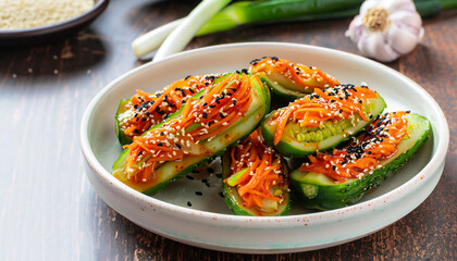 Traditional Korean cucumber kimchi snack: cucumbers stuffed with carrots, green onions, garlic and sesame, fermented vegetables, horizontal orientation