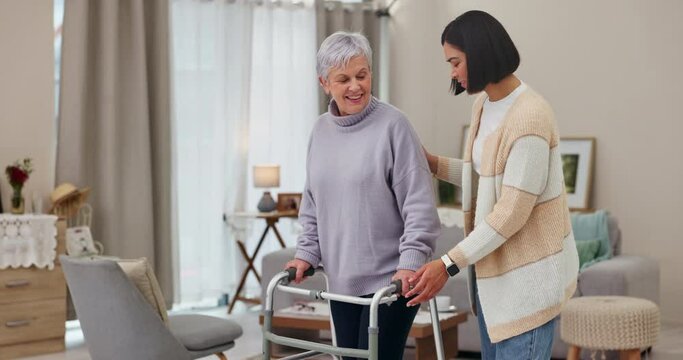 Woman, caregiver and walker in elderly care, physiotherapy or recovery in retirement or old age home. Medical healthcare physio walking and helping senior female or person with a disability in house