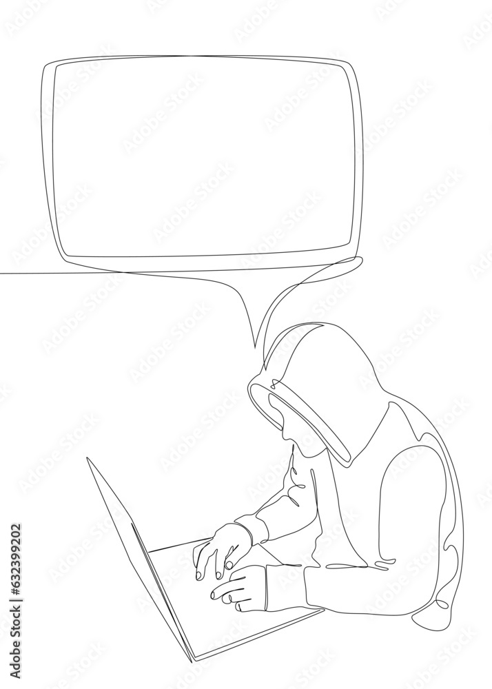 Poster one continuous line of speech bubble with computer hacker. thin line illustration vector concept. co