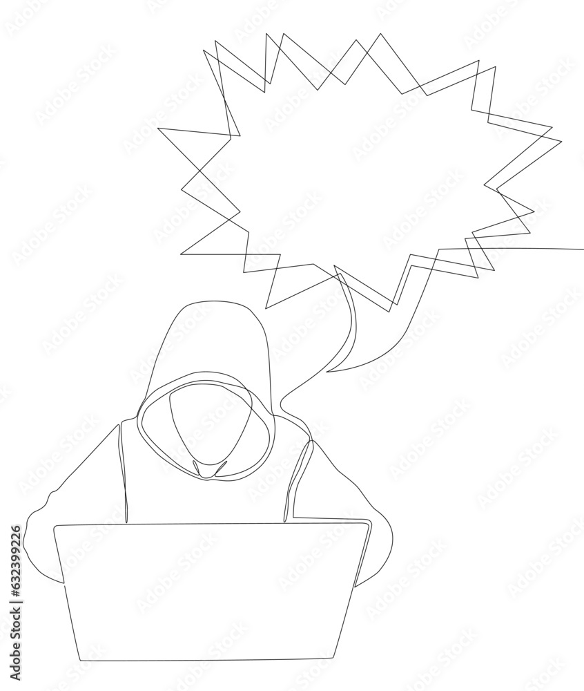 Poster one continuous line of speech bubble with computer hacker. thin line illustration vector concept. co