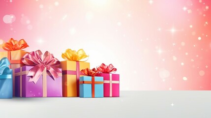 Pile of presents, gift boxes in pastel colors on pastel pink and blue background with bokeh and glitter