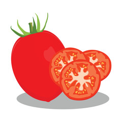 Vector illustration of set of different tomatoes isolated on background. Fruits or vegetables in cartoon flat style. Whole, sliced, quarter, half of a tomato fruit with branch and leaves for graphic