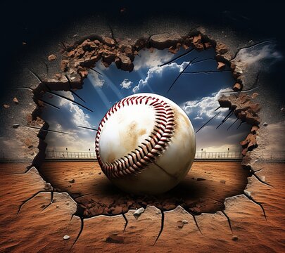 A baseball ball through a baseball field hole, Base field shows in the background. 