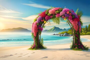 wedding arch decorated with fresh flowers on sandy tropical beach, marriage set up, engagement design, tropical wedding decorations created with generative ai technology