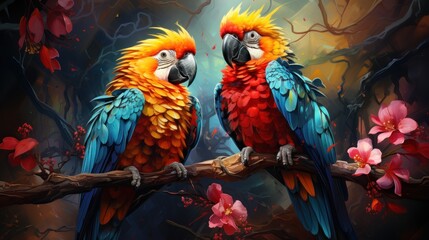 Nature's Artistry: Colorful Parrots in a Stunning Oil Painting, generative ai