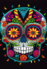 Fototapeta premium Generative AI 3D Rendered Calavera (Sugar Skull) in a traditional style for Dia de Los Muertos (Day of the dead). Flowers and skeleton computer generated to replicate photorealism and hyperrealism