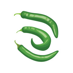 Vector illustration of green chili pepper realistic in flat cartoon style. Green hot chili pepper lay on white background with shadow for labels and logo design. Single or group chili pepper.