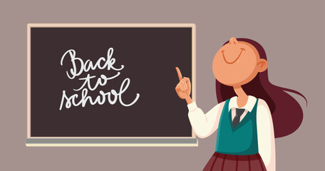 Student Pointing to the Chalkboard Welcome School Year Vector Cartoon. Happy girl ready for school to start and level up academically 
