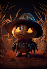 3D modern animation scarecrow in pumpkin patch for the fall harvest and halloween season