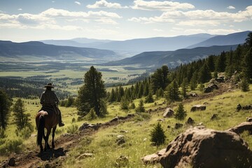 Fototapeta na wymiar Horse And Rider Exploring A Scenic Mountain, Generative AI