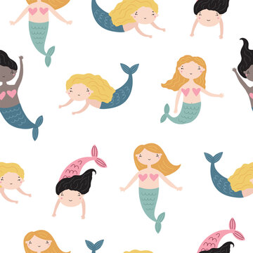Seamless pattern with cute little mermaids, vector illustration for nursery and textile decoration