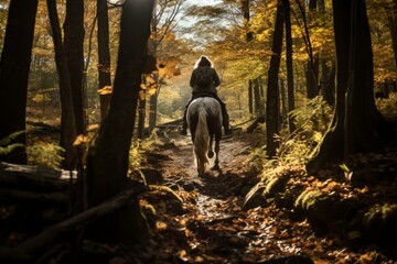 Obraz na płótnie Canvas Horse And Rider Trotting Through An Autumn Forest, Generative AI