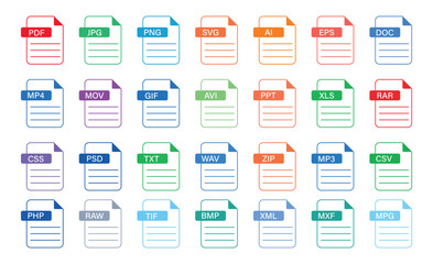 Big File formats icon collection. Popular files format and document in flat style design. Vector illustration design. Set of graphic templates PDF, JPG, PNG, DOC, PSD, PPT, XLS, MP4, RAR, AI, EPS, ZIP