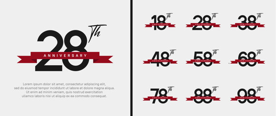 set of anniversary logo black color number and red ribbon on white background for celebration