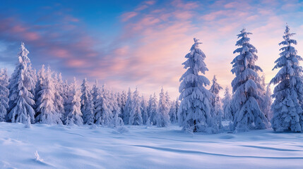 pine trees covered with snow. beautiful winter panorama, Christmas holiday