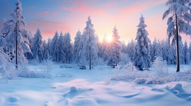 Beautiful winter panorama, Christmas holiday with pine trees covered by snow
