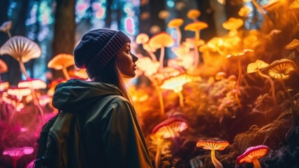 Fototapeta na wymiar woman at forest Mystical glowing mushroom, Bioluminescent Mushrooms