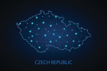 Abstract mesh line and point scales on dark background with Map of Czech Republic. Wire frame 3D mesh polygonal network line, design sphere, dot and structure. communications map of czech Republic.