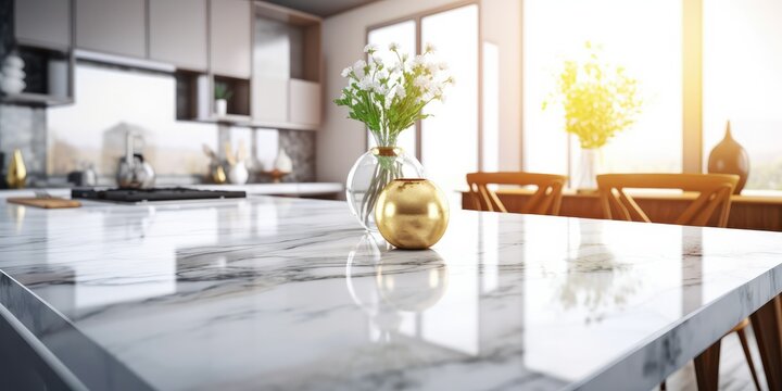 empty white marble texture table blurred modern kitchen interior