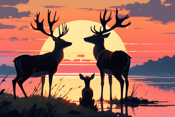 Deer looking at sunset background,
Generative AI
