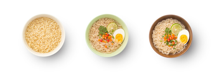 Yellow noodles with condiment collection in bowl isolated on white background , top view , flat lay. clipping path.