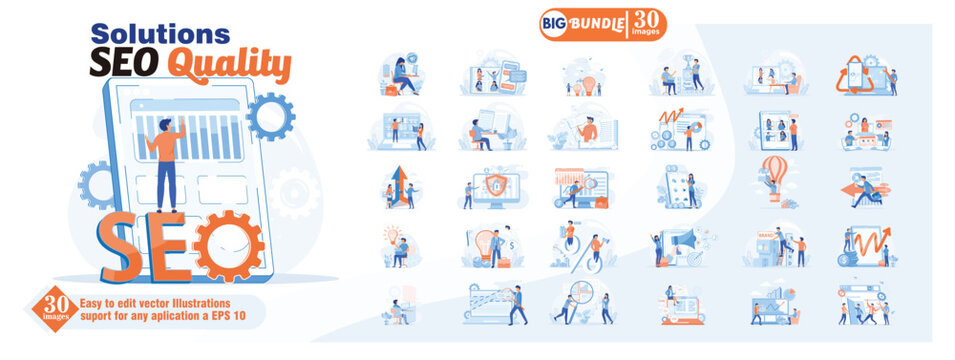 Solutions SEO quality concept illustration, collection of male and female business people scenes in the solutions SEO quality scene. mega set flat vector modern illustration