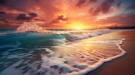 wonderful sunset and gentle wave at the shallow beach with dramatic sky
