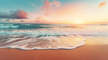 closeup sea sand beach. panoramic beach landscape inspire tropical beach seascape horizon. Orange and golden sunset sky calmness tranquil relaxing sunlight