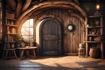 Fototapeta na wymiar Fantasy tiny storybook style home interior cottage background with rustic accents and a large round cozy door. 3d rendering 3d rendering