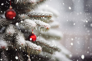 Fototapeta na wymiar Christmas tree with snow close up