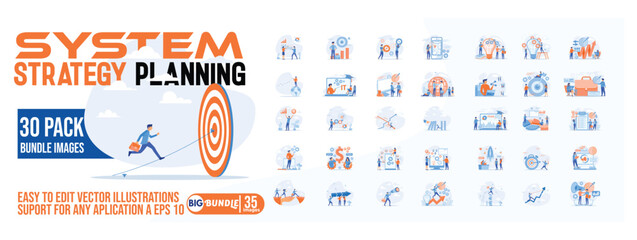 System strategy planning concept illustration, collection of male and female business people scenes in the system strategy planning scene. mega set flat vector modern illustration